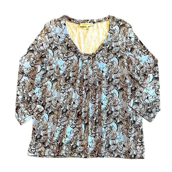 Jones New York Sport blue and black print front gather 3/4 sleeve top Large - Picture 1 of 7